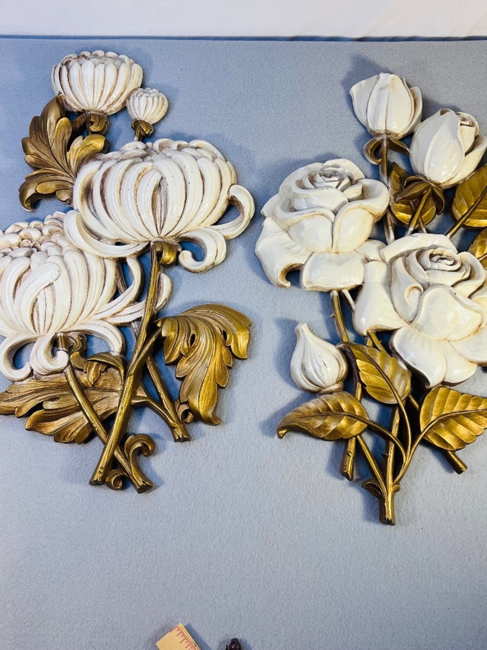 VTG 3D White/Gold Roses and Chrysanthemums Wall Decor Homco. USA. 17.5 in.